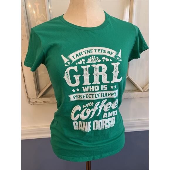 Small Anvil Women's Fitted Green Tshirt Novelty Coffee and Cane Corso - Picture 2 of 8
